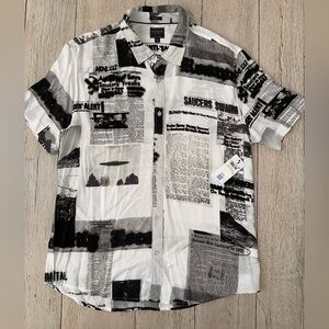 Guess Men's Slim Fit Newspaper Print Rayon Shirt